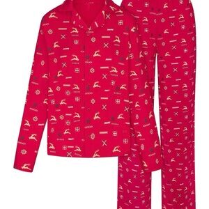 SKIMS LONG SLEEVE BUTTON UP SET Red vintage deer print
